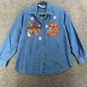 Vintage Rafaella Shirt Womens M Blue Holiday Bears Button Up Christmas Denim